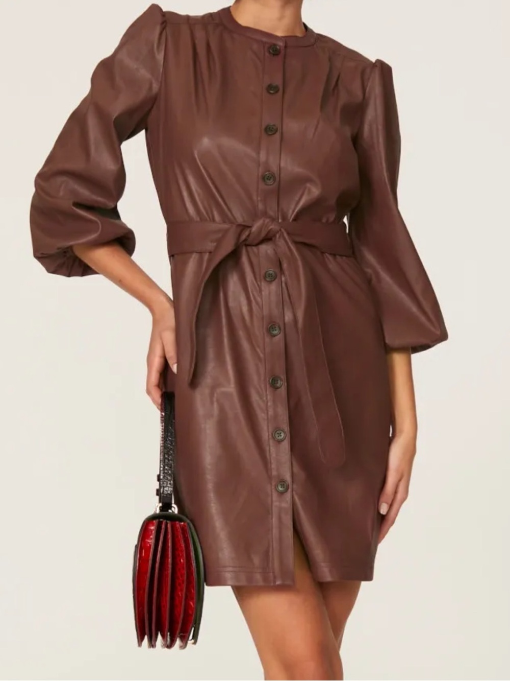 Shoshanna Brown Faux Leather Belted Mini Shirt Dress Size 6